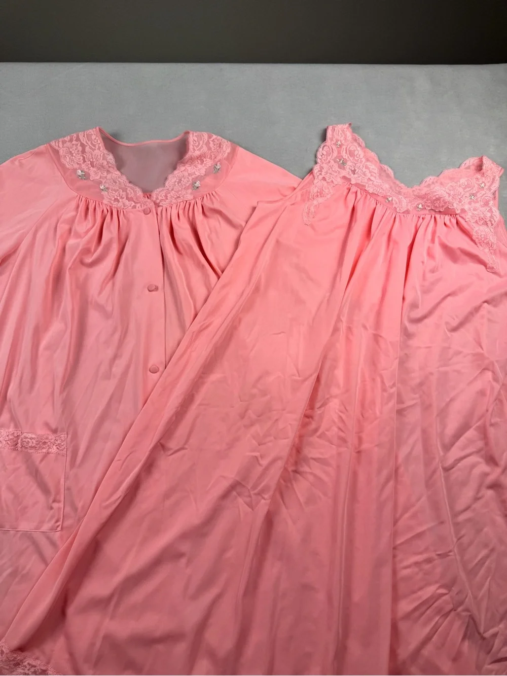 Vintage Shadowline Nightgown Robe Set Pink Lace Medium Silky 70’s Retro Classic